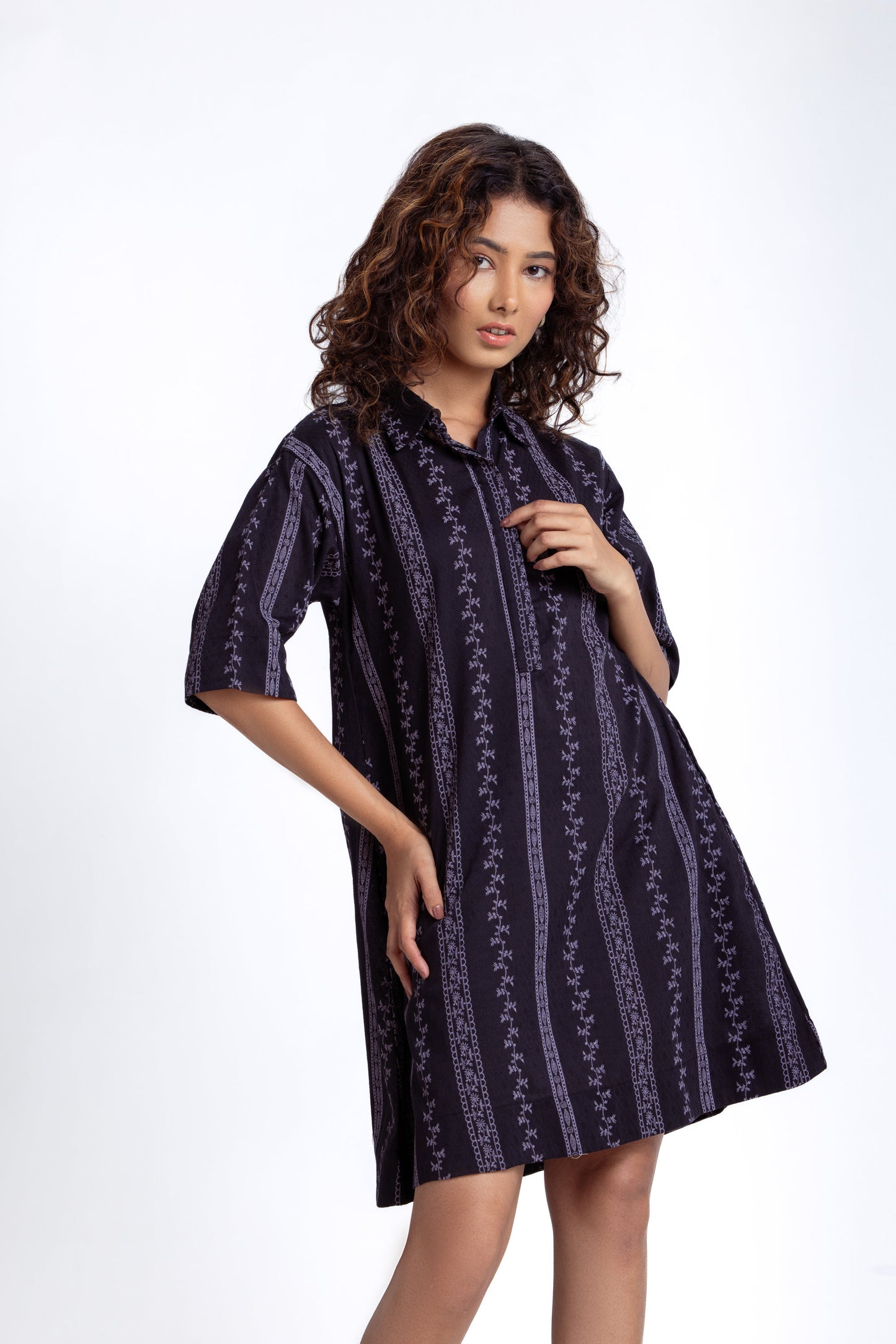 Elbow-Sleeve Mini Shirt dress