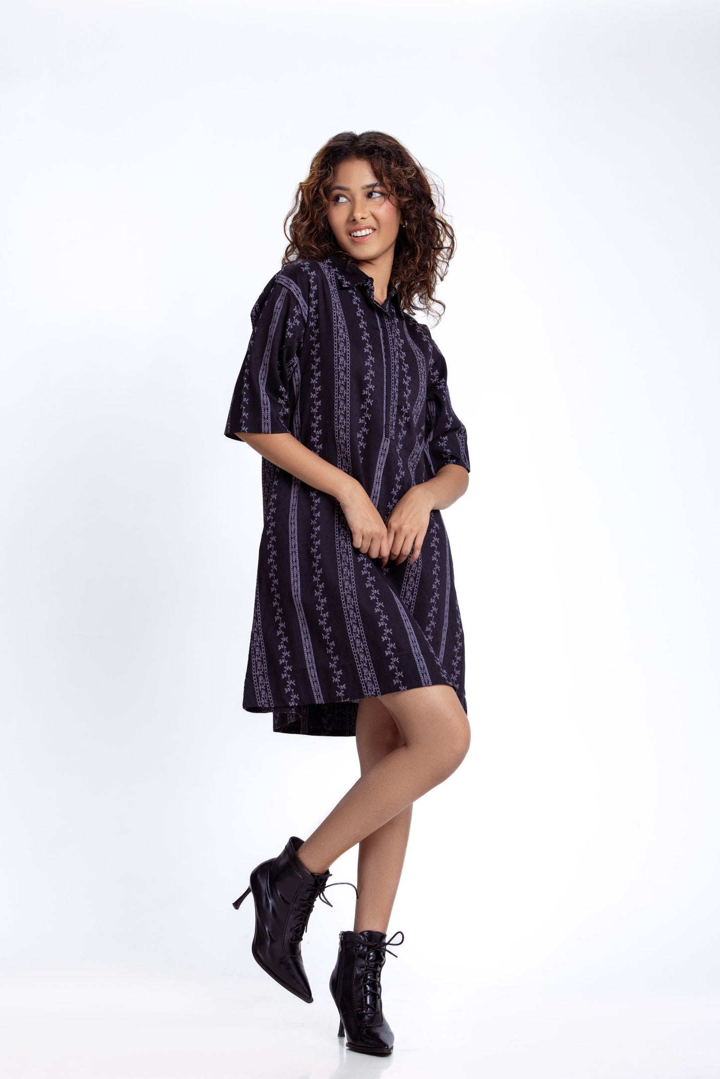 Elbow-Sleeve Mini Shirt dress
